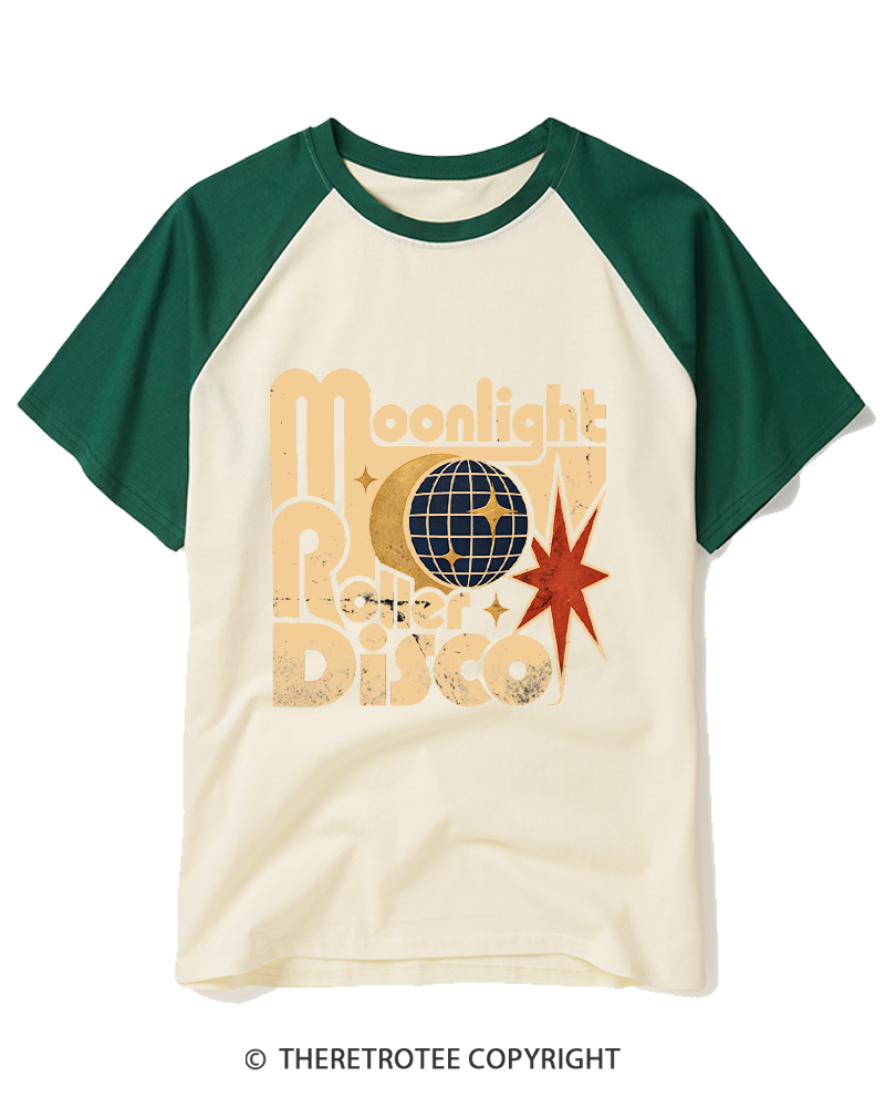 TheRetroTee Moonlight Roller Disco 1970s Raglan Baseball T-Shirt