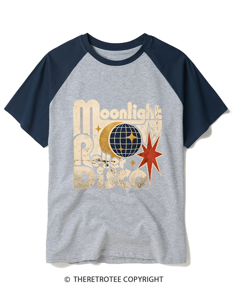 TheRetroTee Moonlight Roller Disco 1970s Raglan Baseball T-Shirt