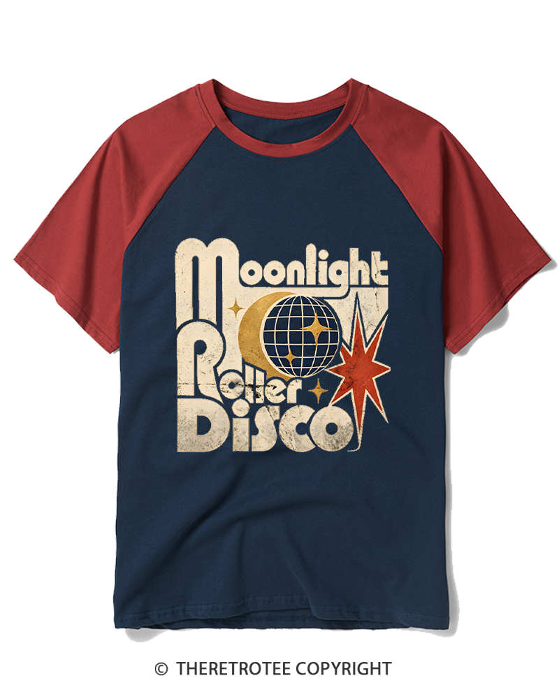 TheRetroTee Moonlight Roller Disco 1970s Raglan Baseball T-Shirt