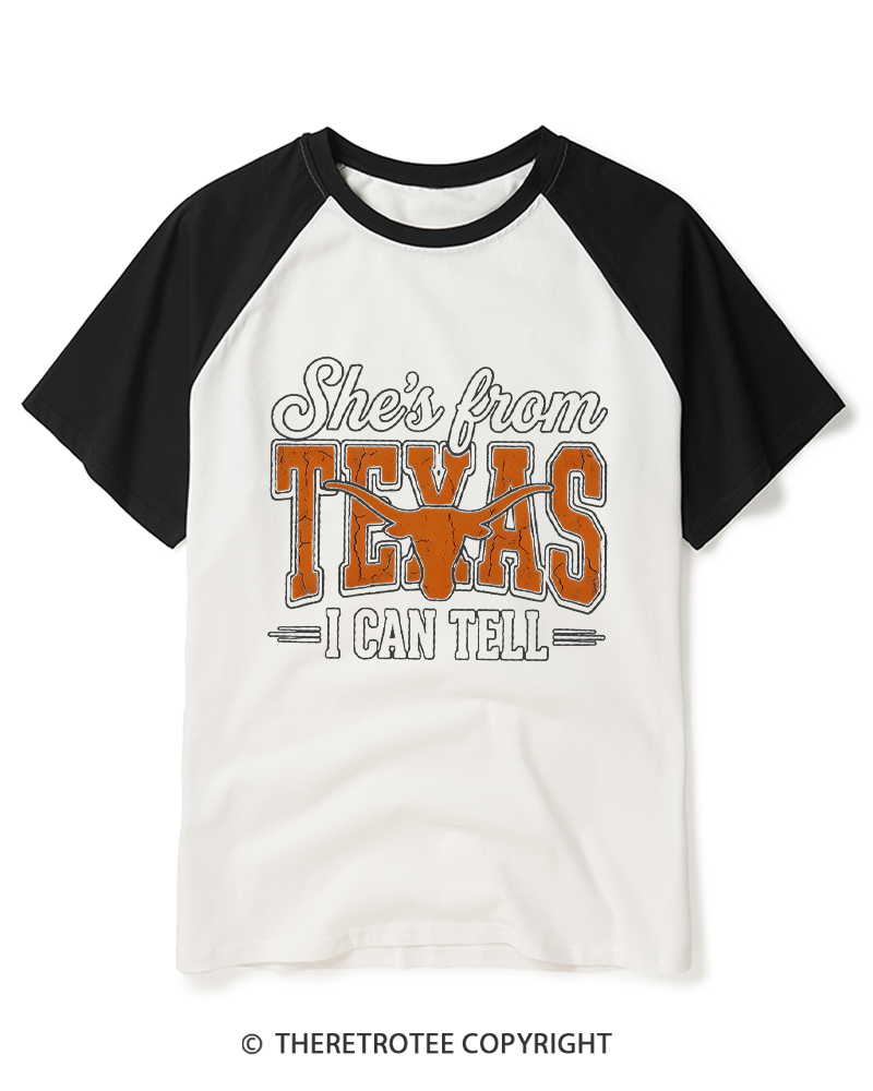 TheRetroTee She's From Texas 1970s Raglan Baseball T-Shirt