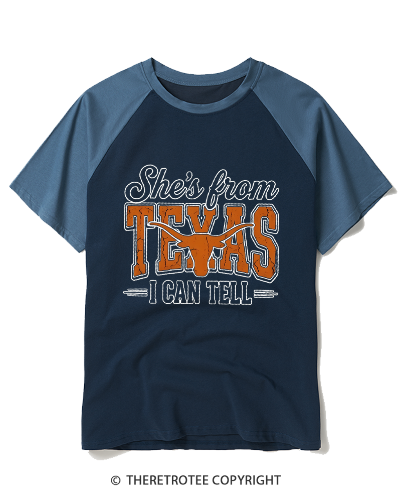 TheRetroTee She's From Texas 1970s Raglan Baseball T-Shirt