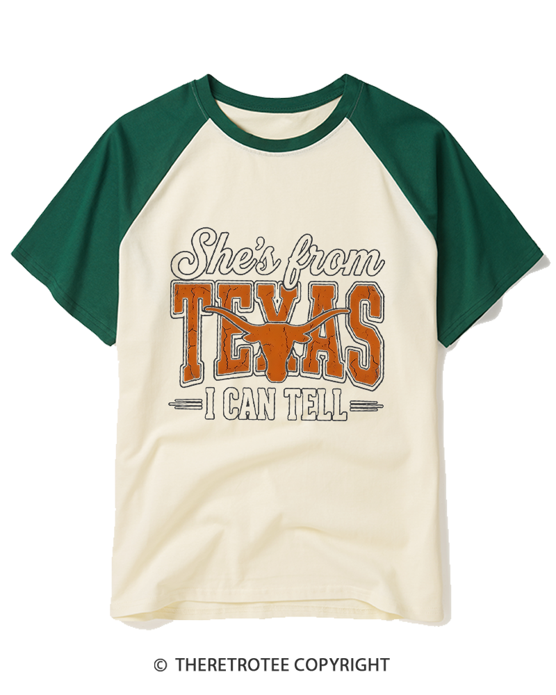 TheRetroTee She's From Texas 1970s Raglan Baseball T-Shirt