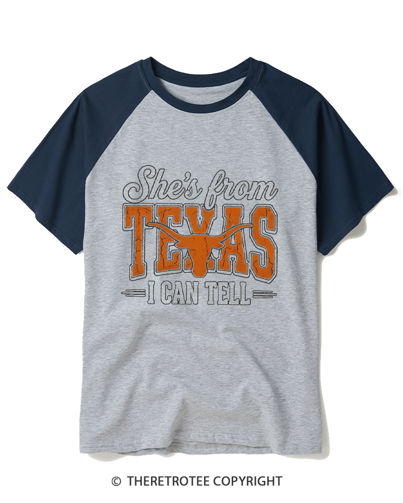 TheRetroTee She's From Texas 1970s Raglan Baseball T-Shirt