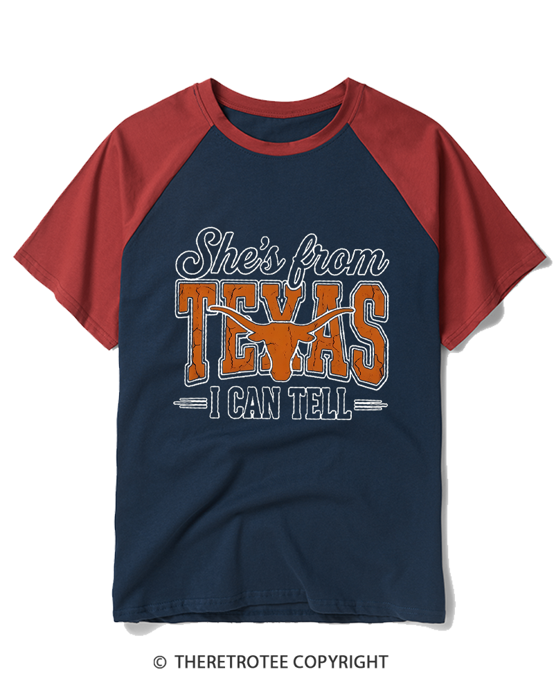 TheRetroTee She's From Texas 1970s Raglan Baseball T-Shirt