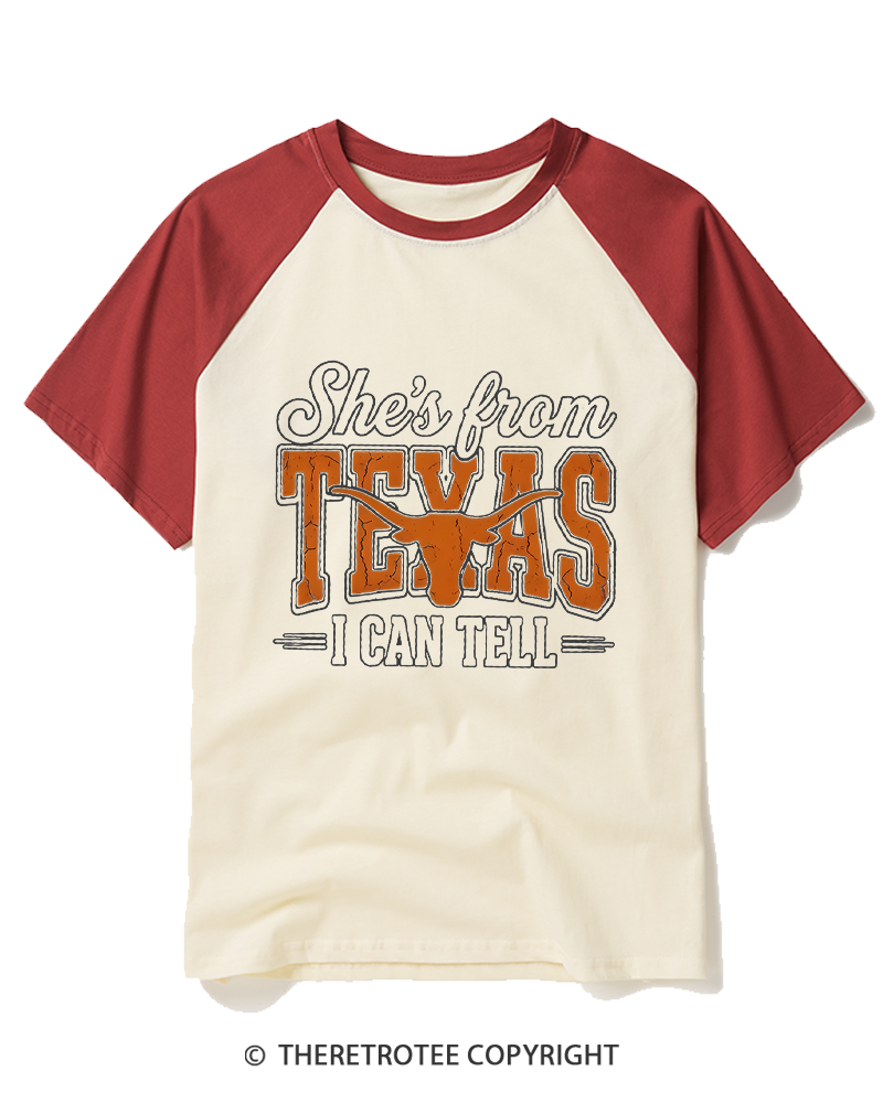 TheRetroTee She's From Texas 1970s Raglan Baseball T-Shirt