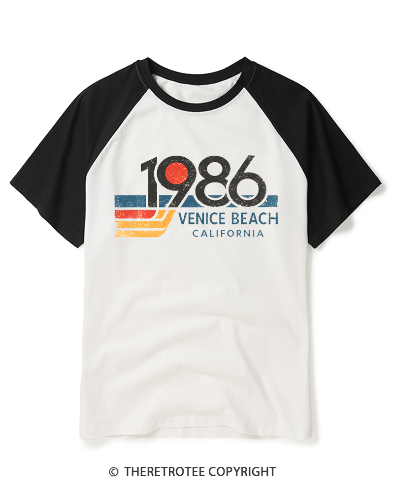 TheRetroTee 1986 Venice Beach California 1980s Raglan Baseball T-Shirt