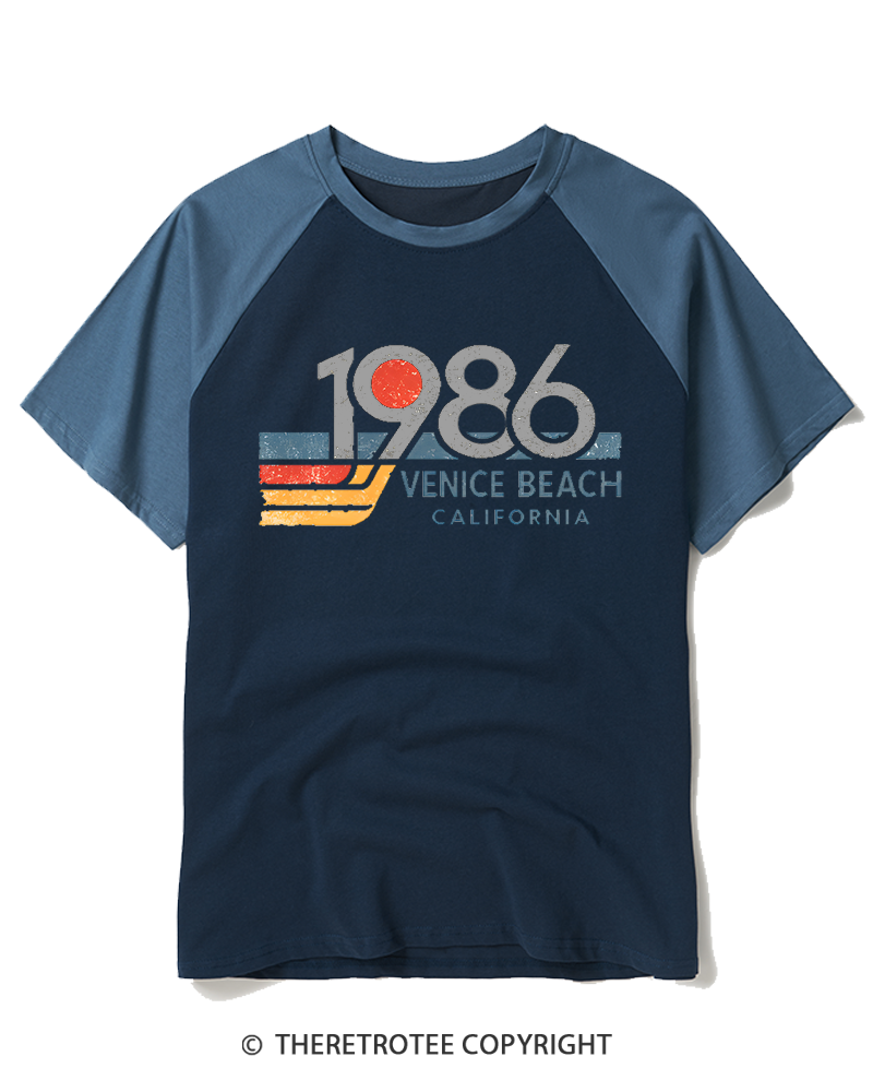 TheRetroTee 1986 Venice Beach California 1980s Raglan Baseball T-Shirt