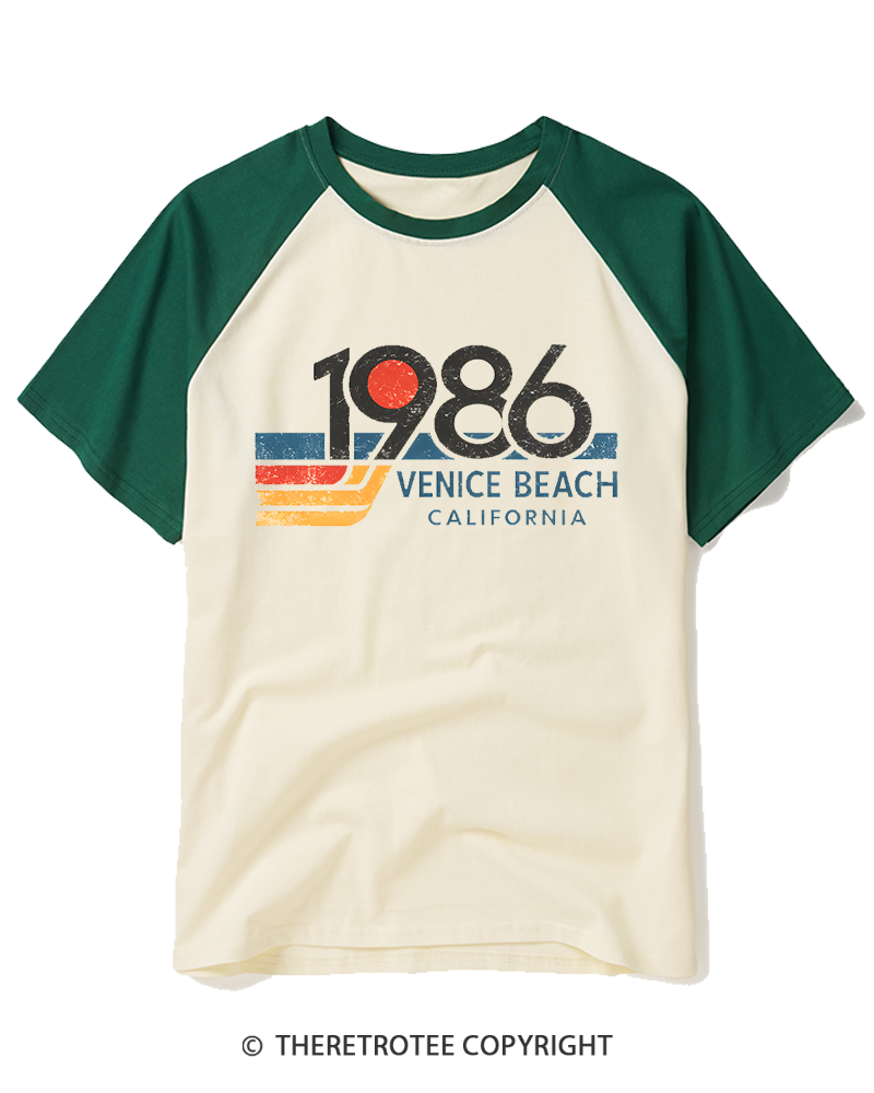TheRetroTee 1986 Venice Beach California 1980s Raglan Baseball T-Shirt