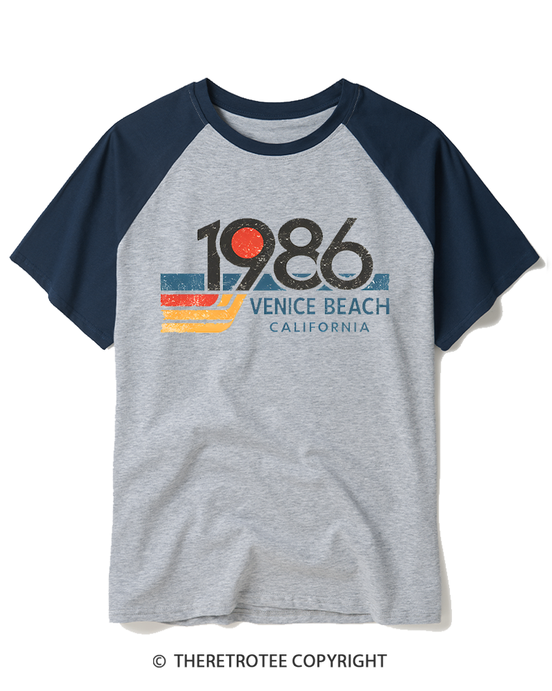 TheRetroTee 1986 Venice Beach California 1980s Raglan Baseball T-Shirt