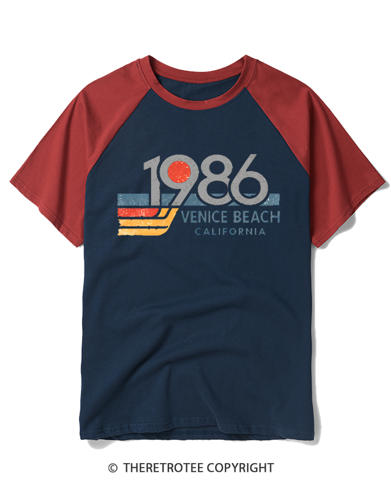 TheRetroTee 1986 Venice Beach California 1980s Raglan Baseball T-Shirt