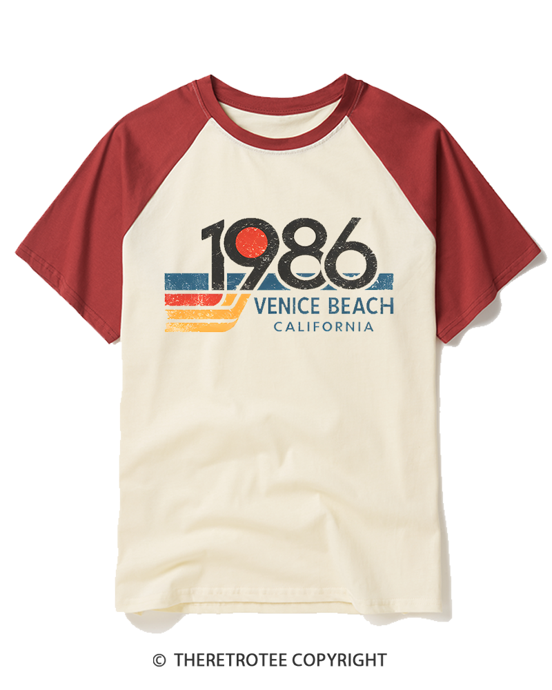 TheRetroTee 1986 Venice Beach California 1980s Raglan Baseball T-Shirt