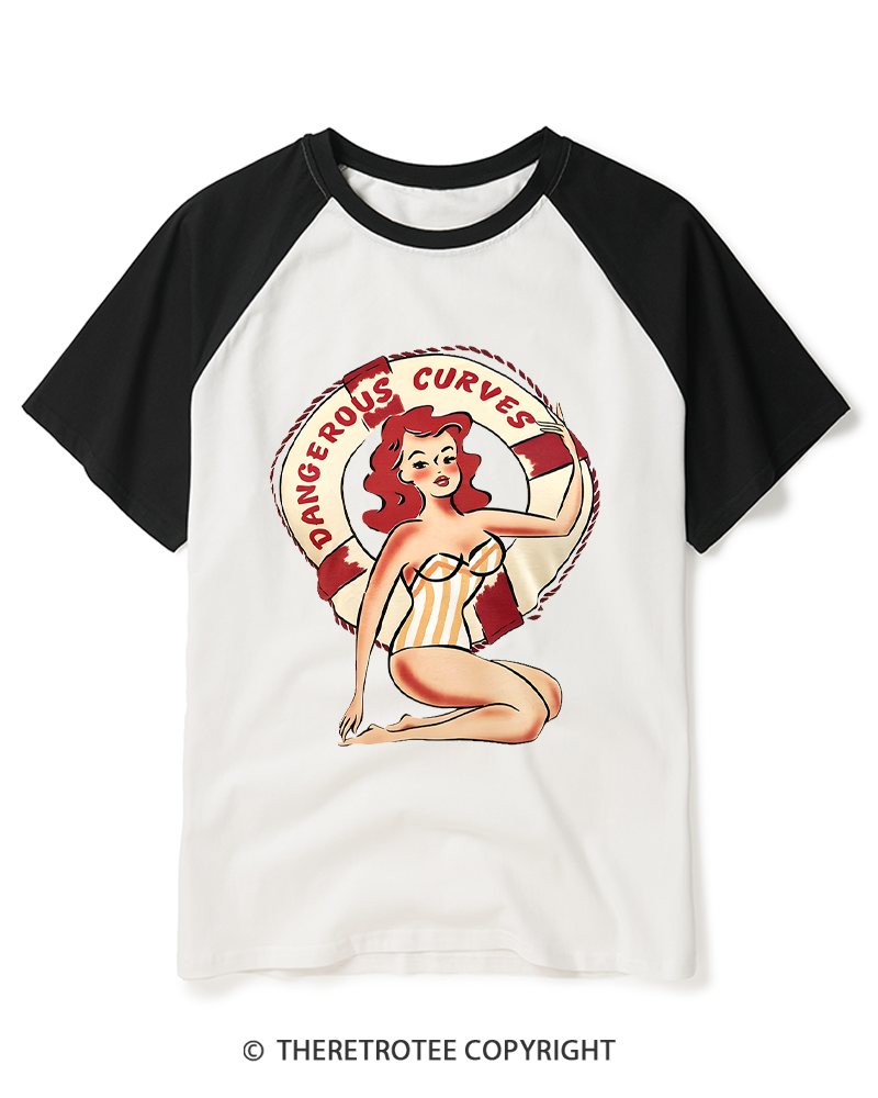 TheRetroTee Dangerous Curves 1950s Raglan Baseball T-Shirt