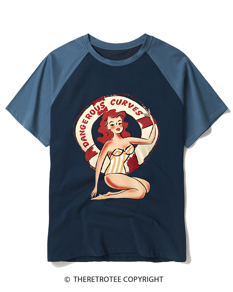 TheRetroTee Dangerous Curves 1950s Raglan Baseball T-Shirt