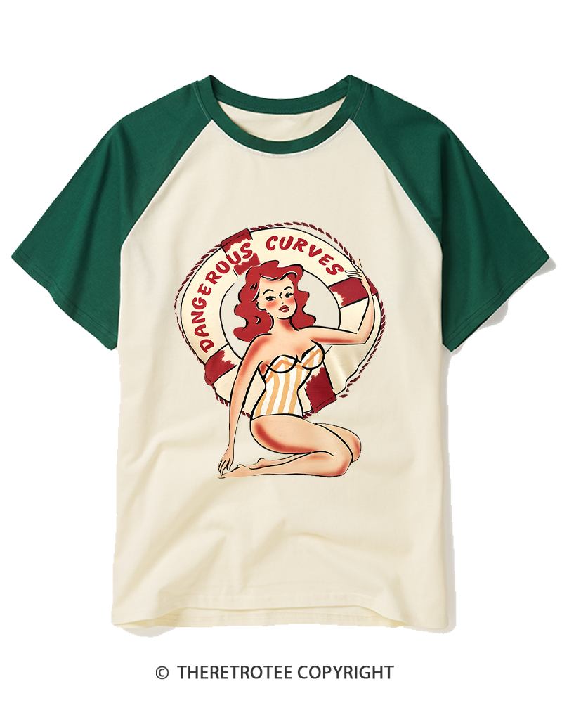 TheRetroTee Dangerous Curves 1950s Raglan Baseball T-Shirt