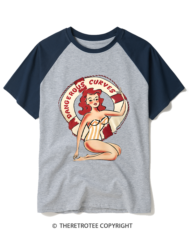 TheRetroTee Dangerous Curves 1950s Raglan Baseball T-Shirt