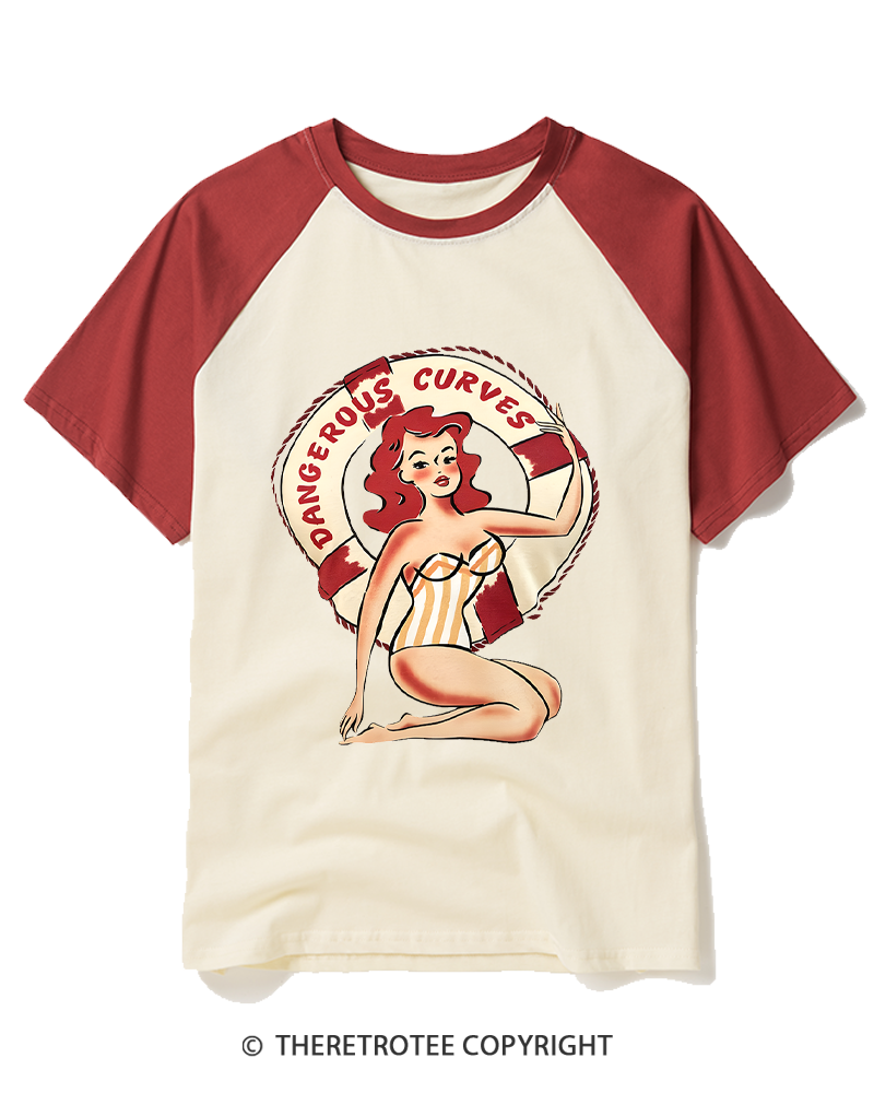 TheRetroTee Dangerous Curves 1950s Raglan Baseball T-Shirt
