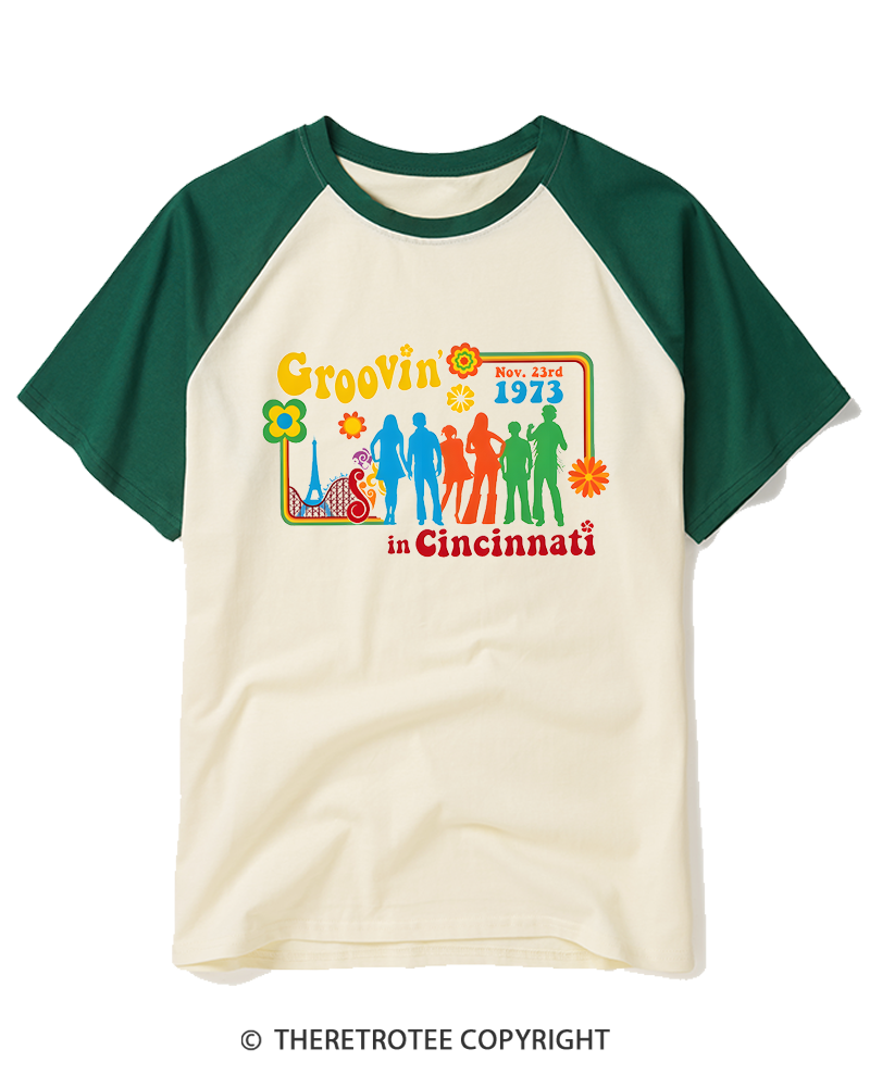 TheRetroTee Groovin' In Cincinnati 1970s Raglan Baseball T-Shirt