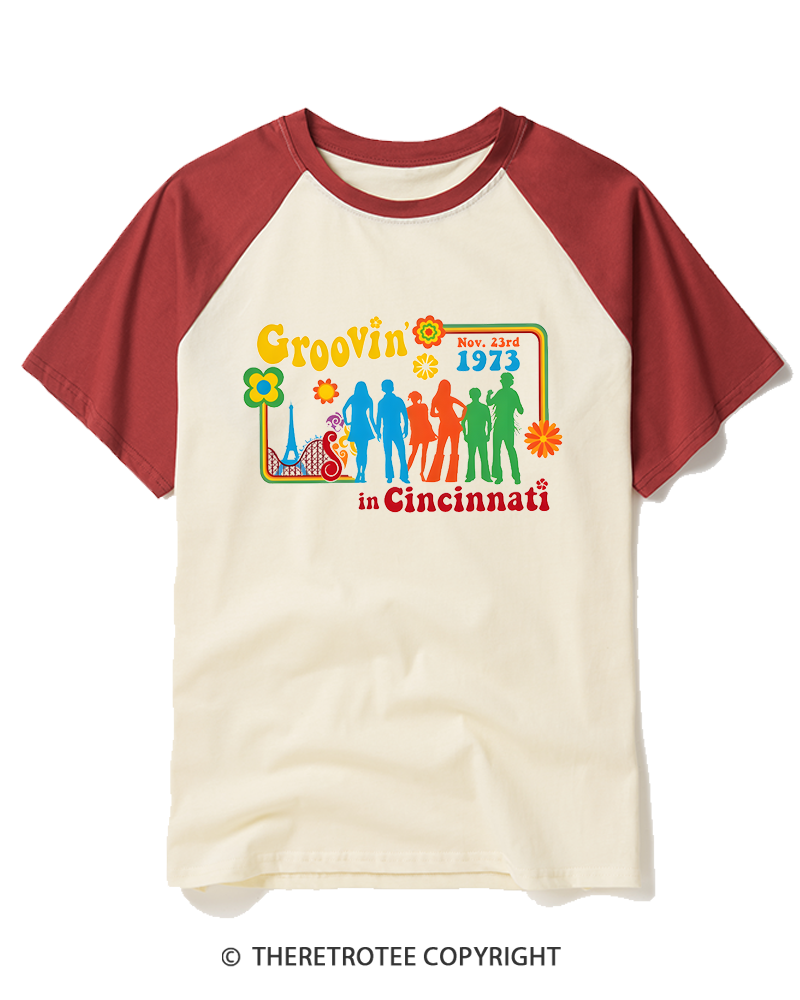 TheRetroTee Groovin' In Cincinnati 1970s Raglan Baseball T-Shirt