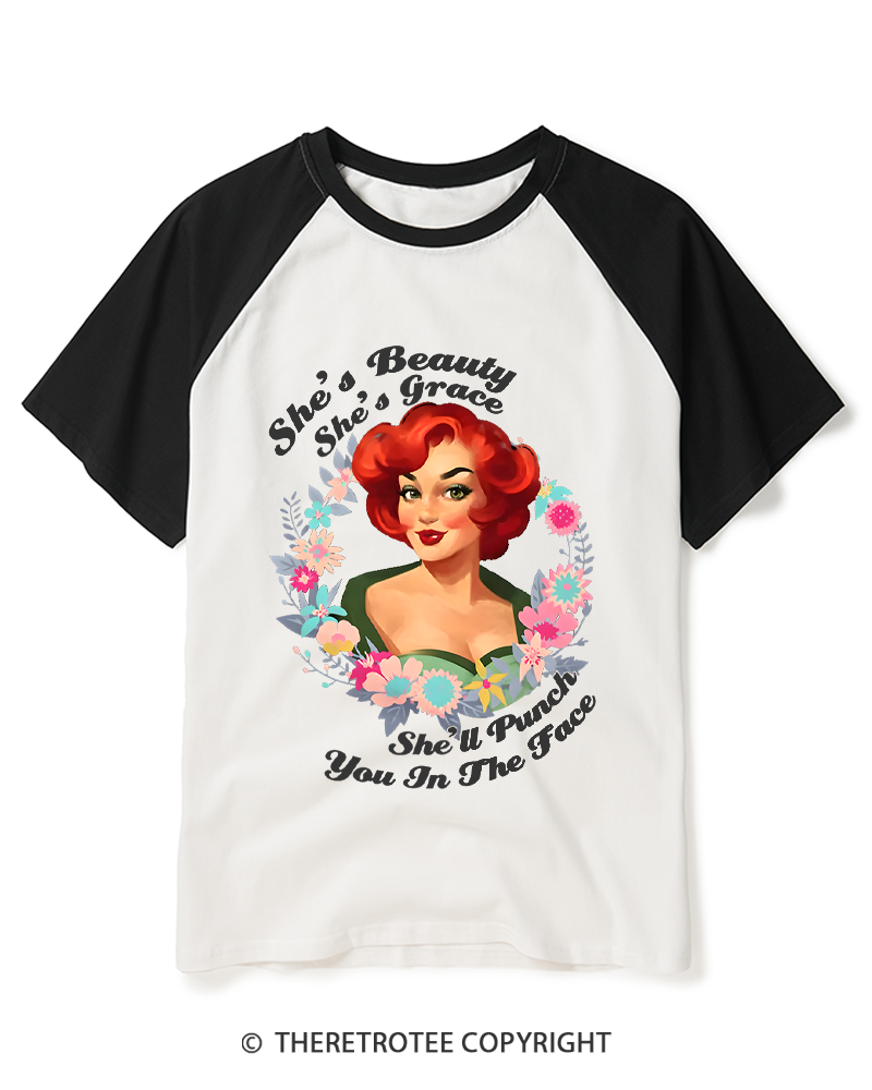 TheRetroTee She's Beauty She's Grace She’ll Punch You In The Fac 1950s Raglan Baseball T-Shirt