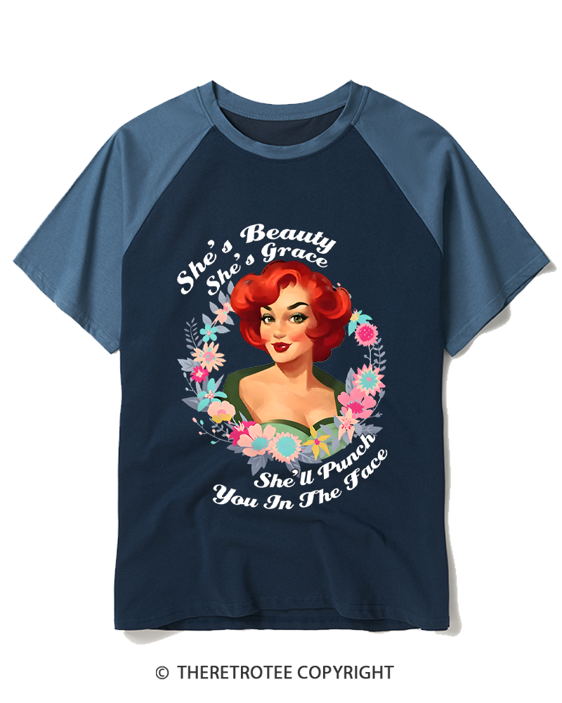 TheRetroTee She's Beauty She's Grace She’ll Punch You In The Fac 1950s Raglan Baseball T-Shirt