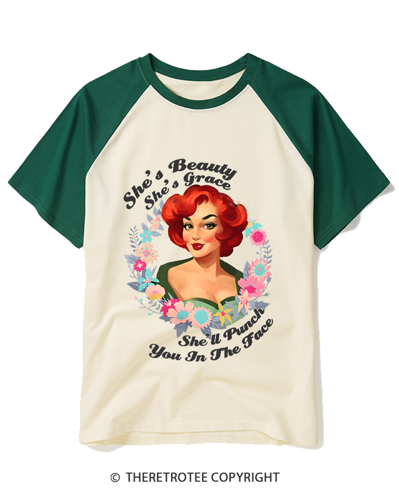 TheRetroTee She's Beauty She's Grace She’ll Punch You In The Fac 1950s Raglan Baseball T-Shirt