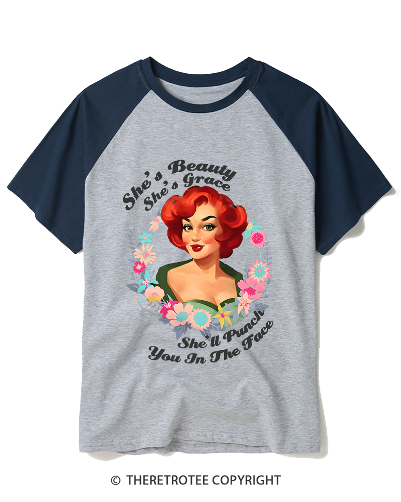 TheRetroTee She's Beauty She's Grace She’ll Punch You In The Fac 1950s Raglan Baseball T-Shirt
