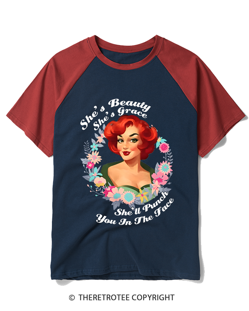 TheRetroTee She's Beauty She's Grace She’ll Punch You In The Fac 1950s Raglan Baseball T-Shirt