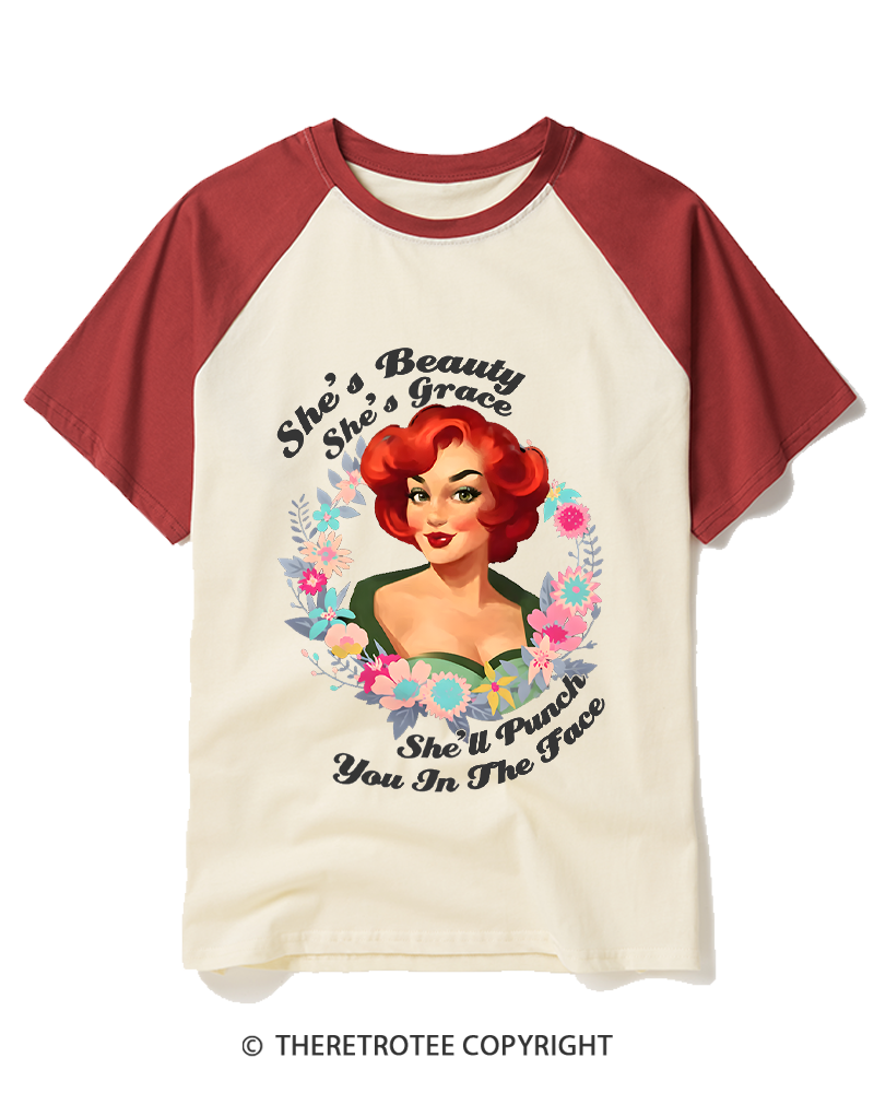 TheRetroTee She's Beauty She's Grace She’ll Punch You In The Fac 1950s Raglan Baseball T-Shirt