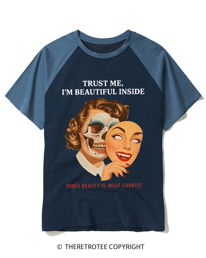 TheRetroTee Trust Me I’M Beautiful Inside 1950s Raglan Baseball T-Shirt