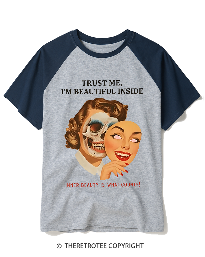 TheRetroTee Trust Me I’M Beautiful Inside 1950s Raglan Baseball T-Shirt
