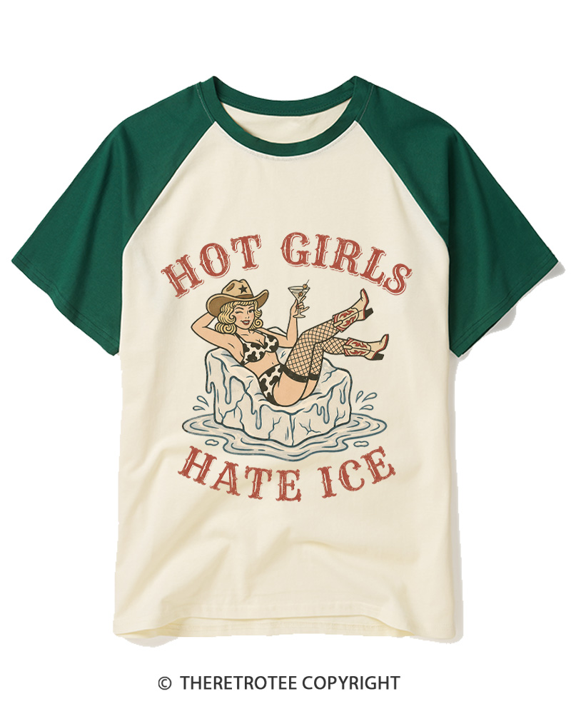 TheRetroTee Hot Girls Hate ICE 1950s Raglan Baseball T-Shirt