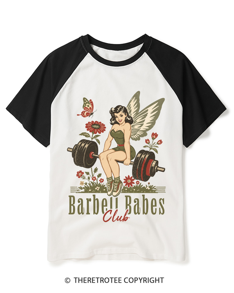 TheRetroTee Barbell Babes Club 1950s Raglan Baseball T-Shirt