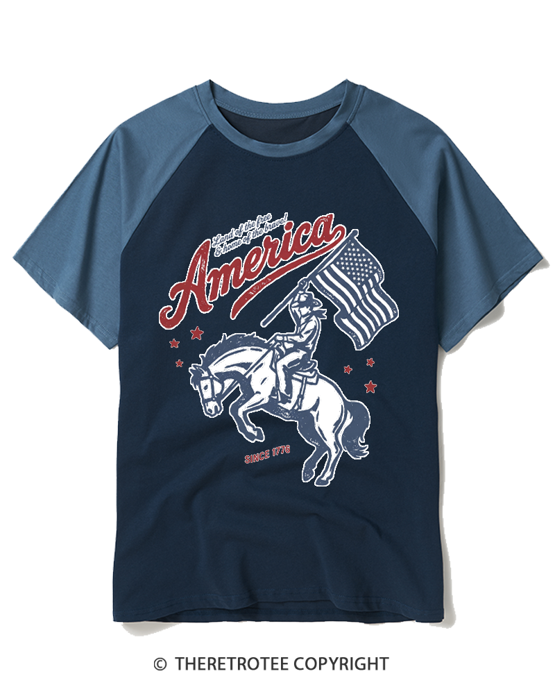 TheRetroTee 250 Years Of Freedom Bucking Horse 1776 Raglan Baseball T-Shirt
