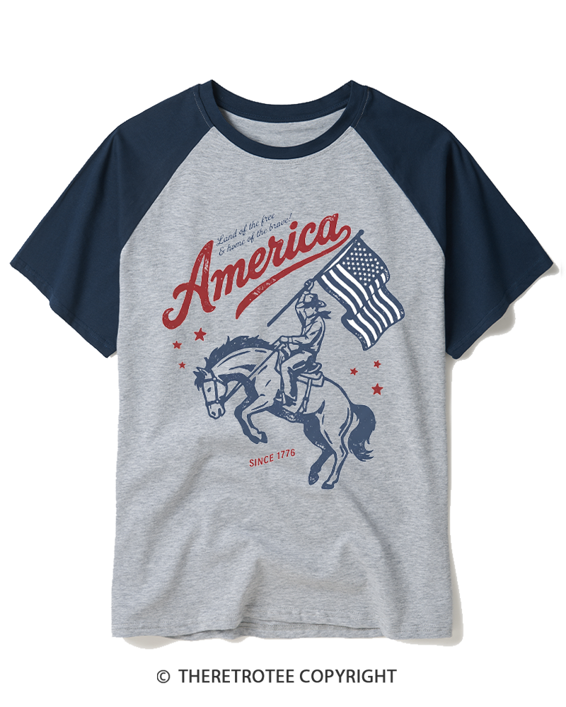 TheRetroTee 250 Years Of Freedom Bucking Horse 1776 Raglan Baseball T-Shirt