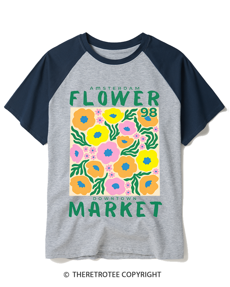 TheRetroTee Flower Market 1970s Raglan Baseball T-Shirt