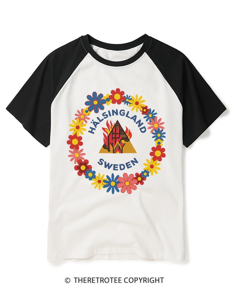 TheRetroTee Folk Floral Burning Temple Raglan Baseball T-Shirt