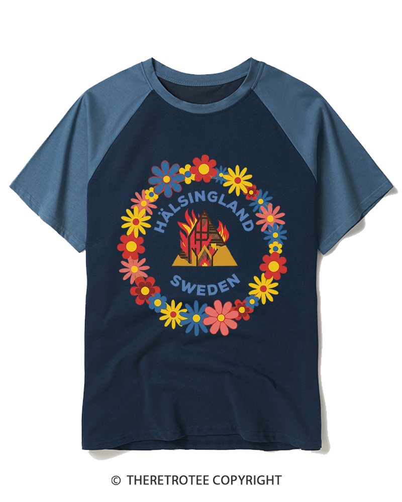 TheRetroTee Folk Floral Burning Temple Raglan Baseball T-Shirt