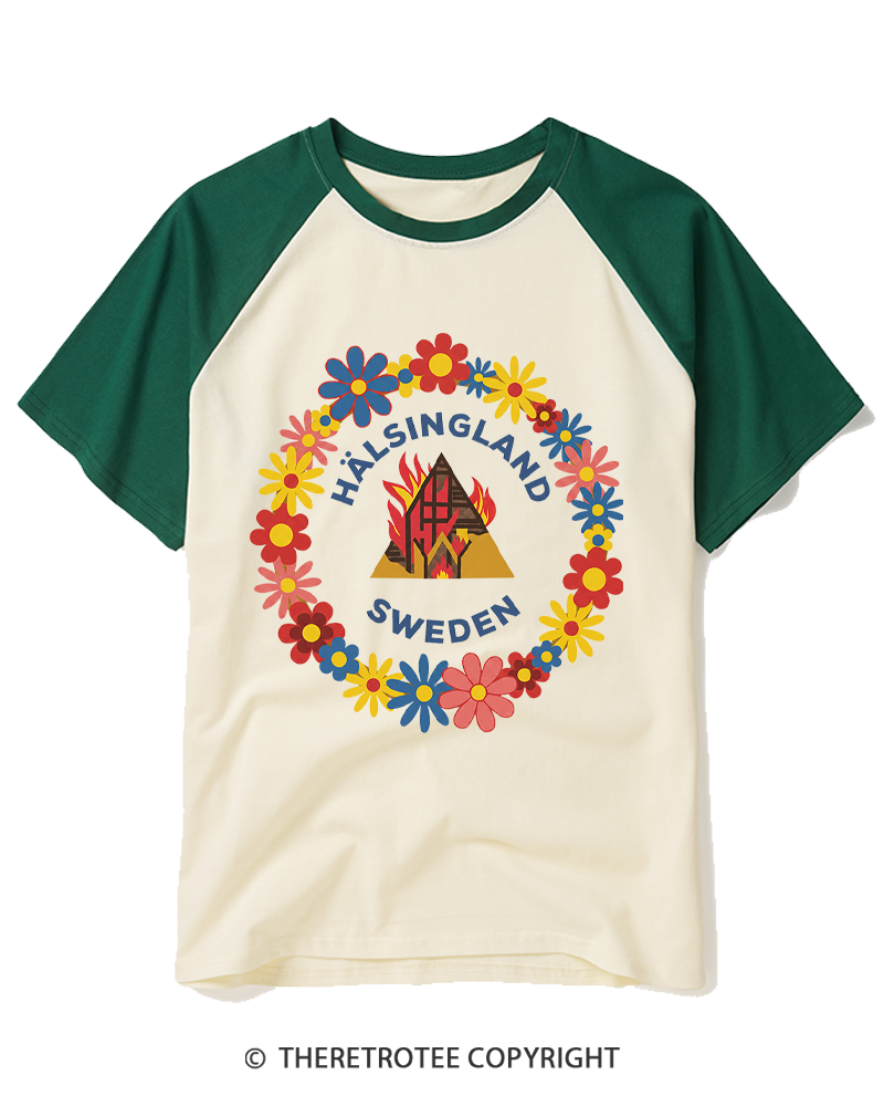 TheRetroTee Folk Floral Burning Temple Raglan Baseball T-Shirt