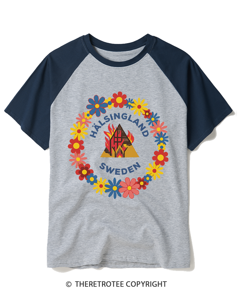 TheRetroTee Folk Floral Burning Temple Raglan Baseball T-Shirt