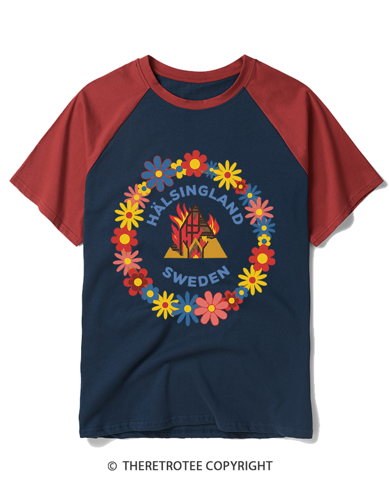 TheRetroTee Folk Floral Burning Temple Raglan Baseball T-Shirt