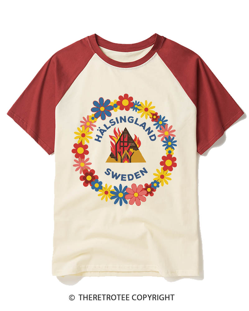 TheRetroTee Folk Floral Burning Temple Raglan Baseball T-Shirt
