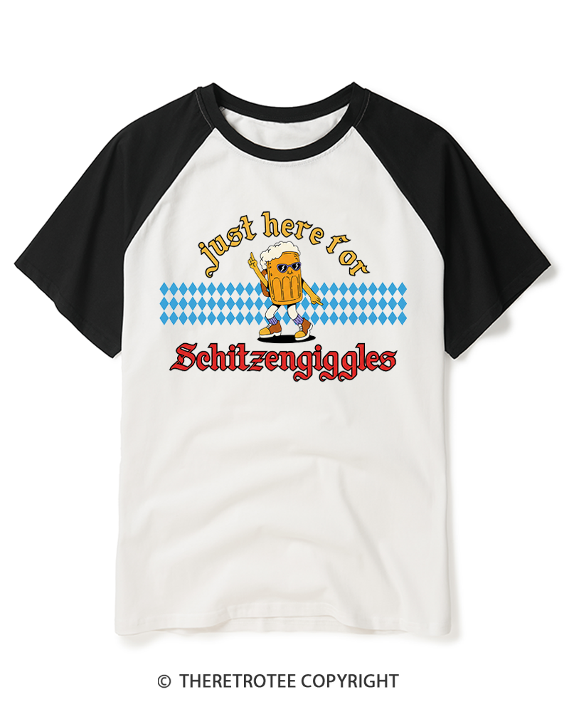TheRetroTee Just Here for Schitzengiggles 1970s Raglan Baseball T-Shirt