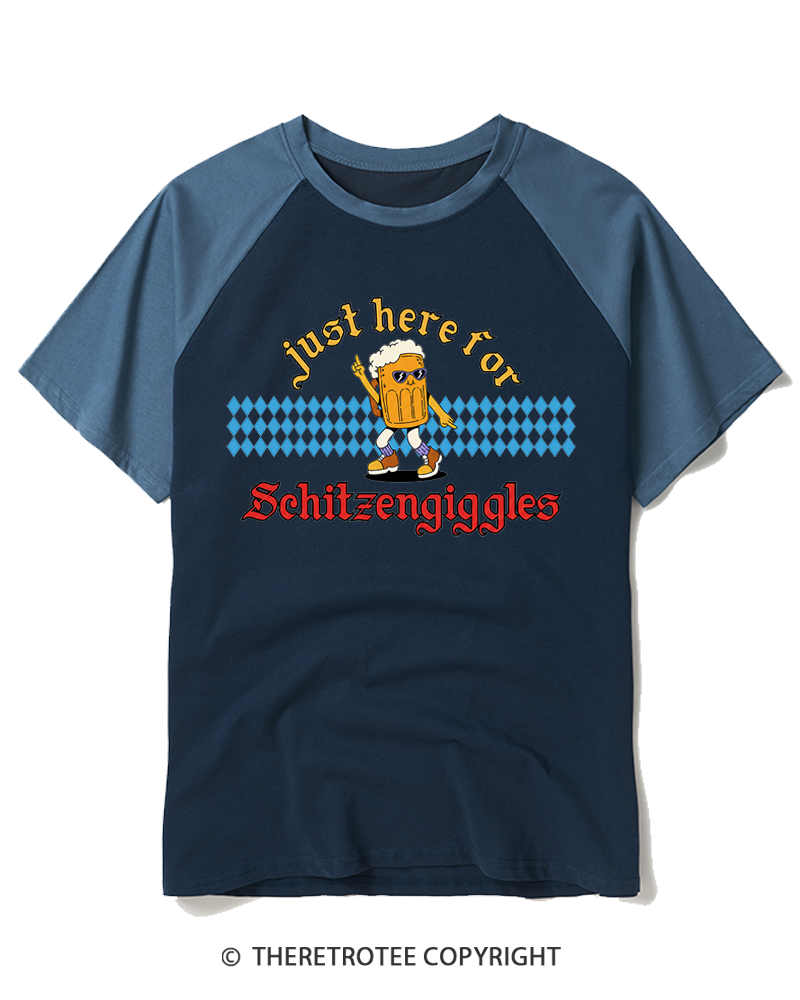 TheRetroTee Just Here for Schitzengiggles 1970s Raglan Baseball T-Shirt
