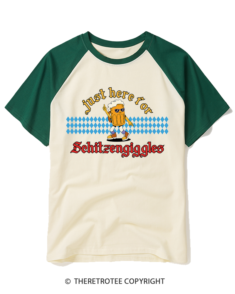 TheRetroTee Just Here for Schitzengiggles 1970s Raglan Baseball T-Shirt