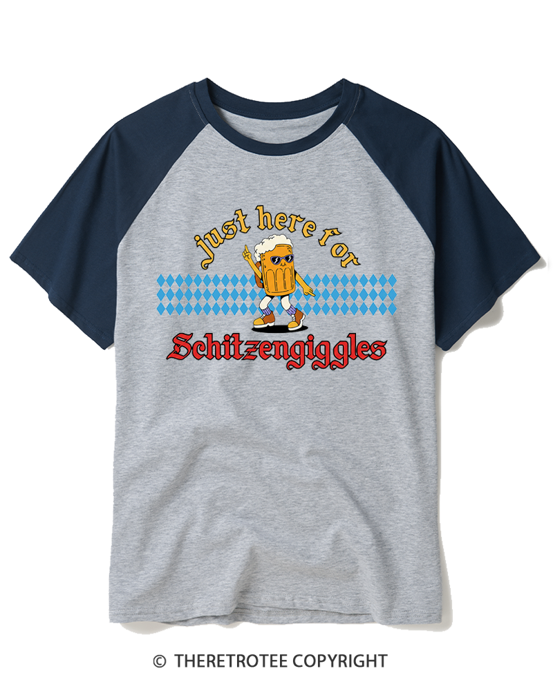TheRetroTee Just Here for Schitzengiggles 1970s Raglan Baseball T-Shirt
