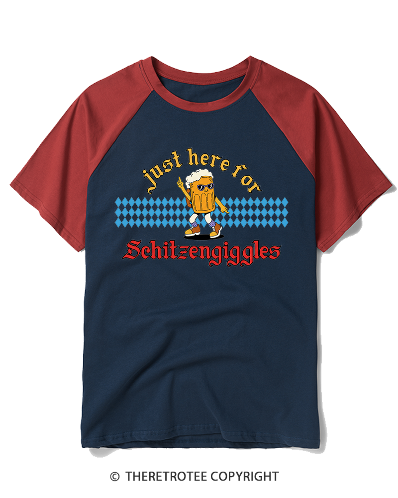 TheRetroTee Just Here for Schitzengiggles 1970s Raglan Baseball T-Shirt