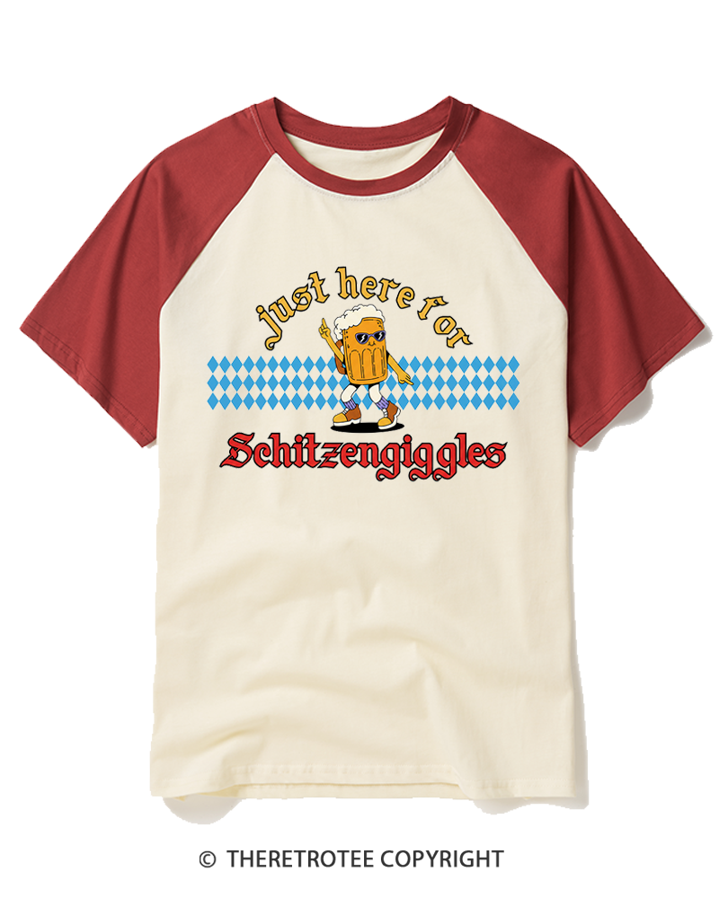 TheRetroTee Just Here for Schitzengiggles 1970s Raglan Baseball T-Shirt