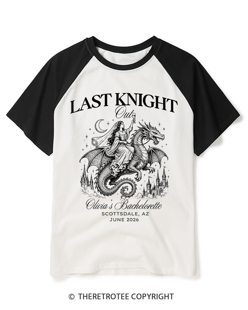 TheRetroTee Last Knight Out Medieval Bachelorette Raglan Baseball T-Shirt
