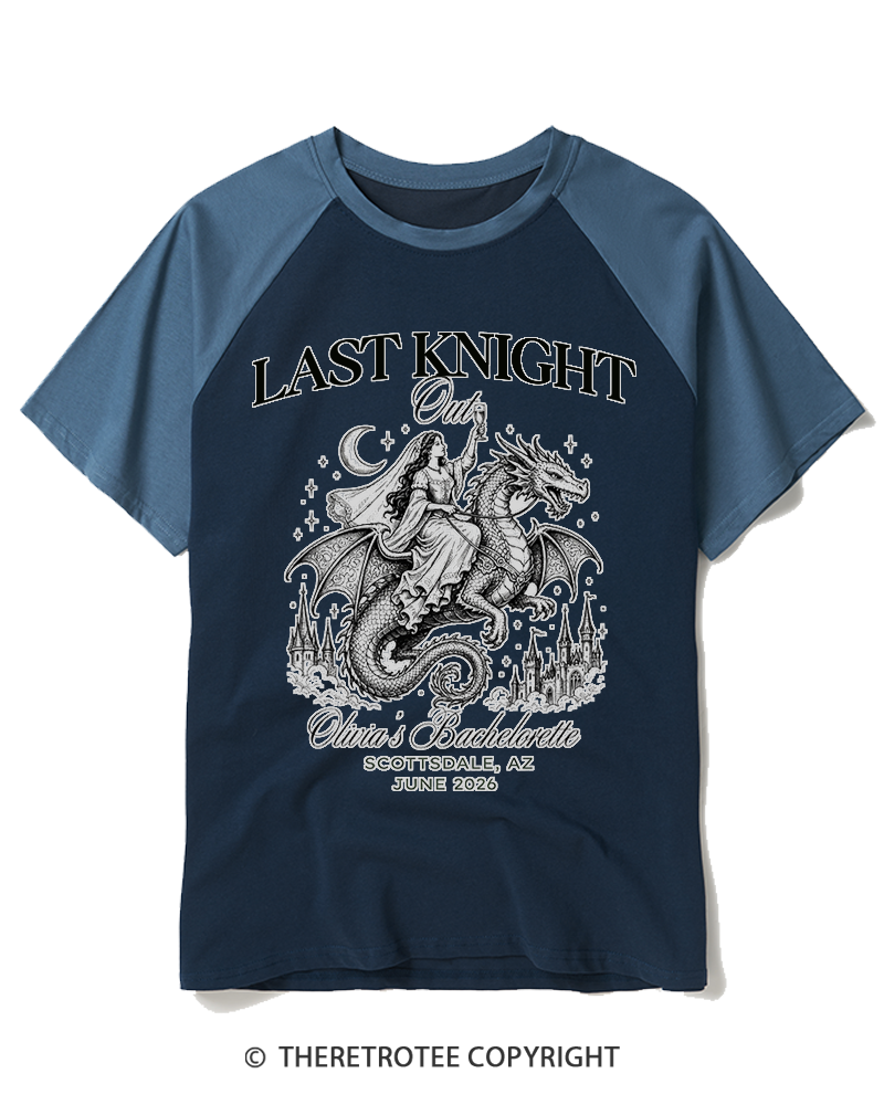 TheRetroTee Last Knight Out Medieval Bachelorette Raglan Baseball T-Shirt