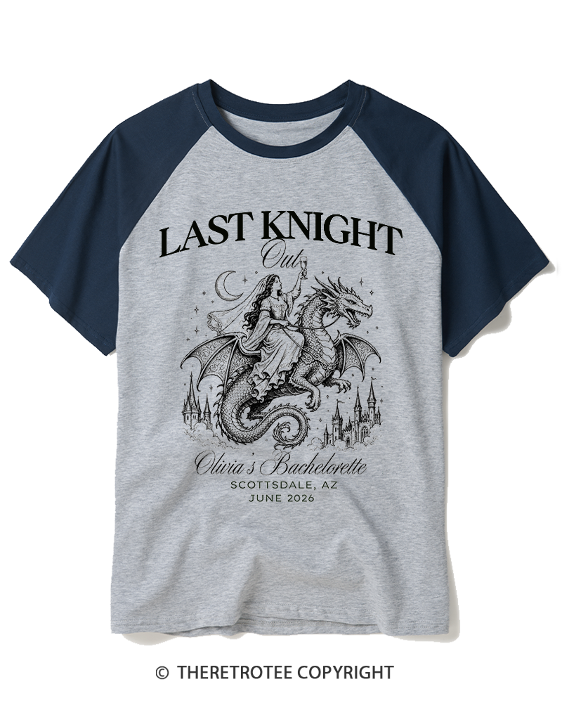 TheRetroTee Last Knight Out Medieval Bachelorette Raglan Baseball T-Shirt